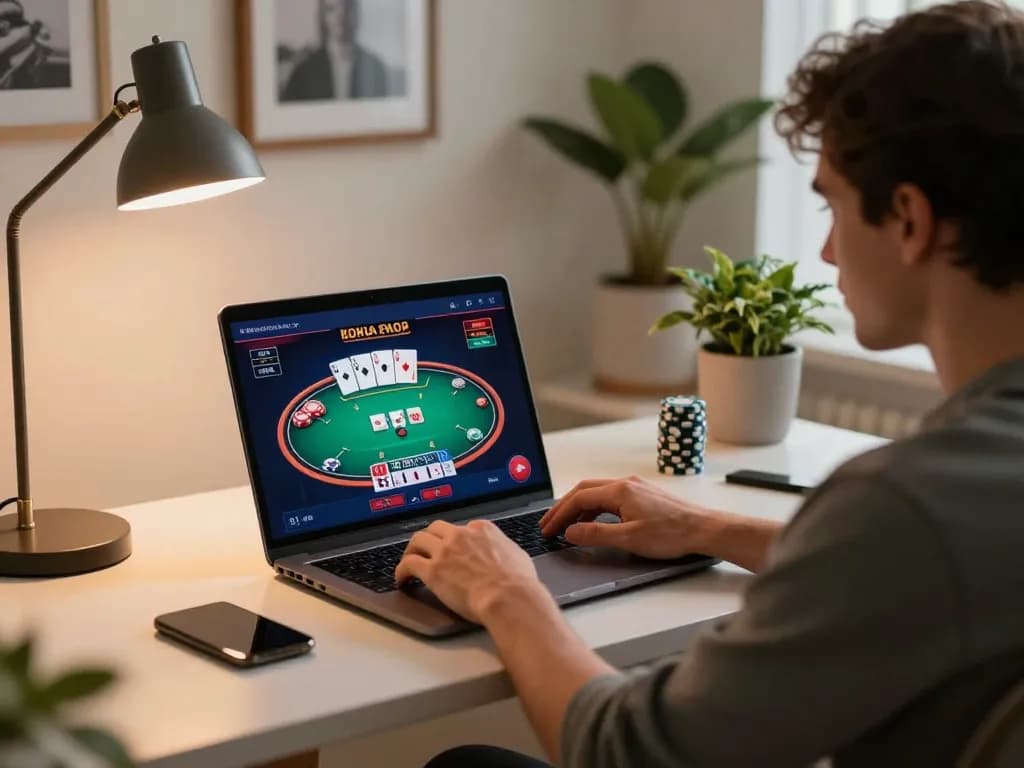 Fly88 user engaging in online poker strategy at home setup with vibrant game interface.