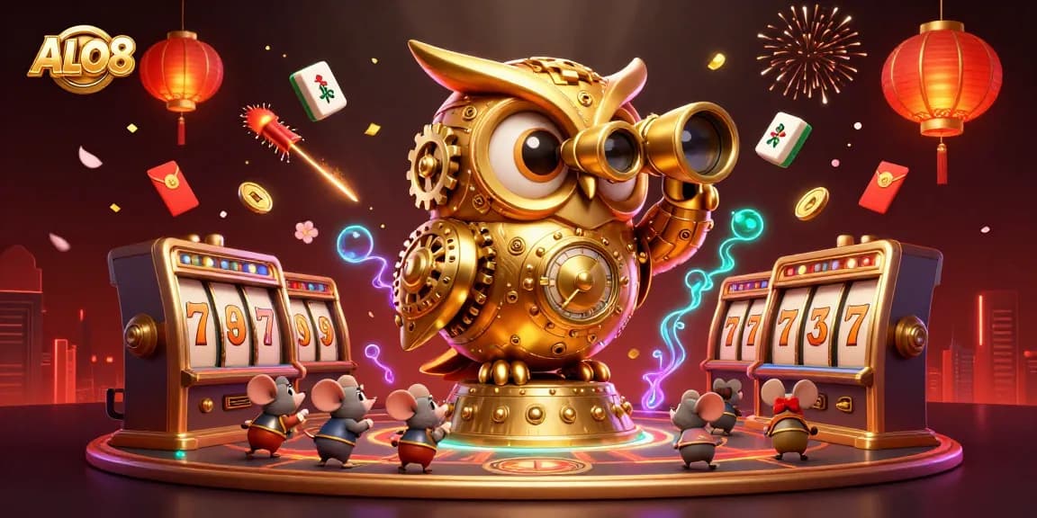 Experience ALO8's vibrant casino atmosphere with a golden owl overseeing dynamic slot action.