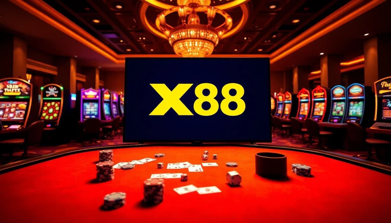 X88 online gambling interface displayed in a luxurious casino environment with poker chips and cards.