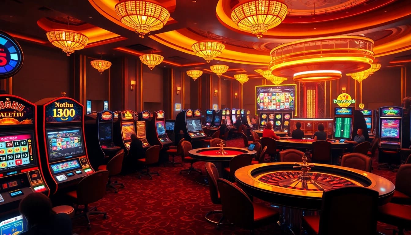 Nohu players celebrating their wins at an exciting casino with vibrant slot machines and poker tables.