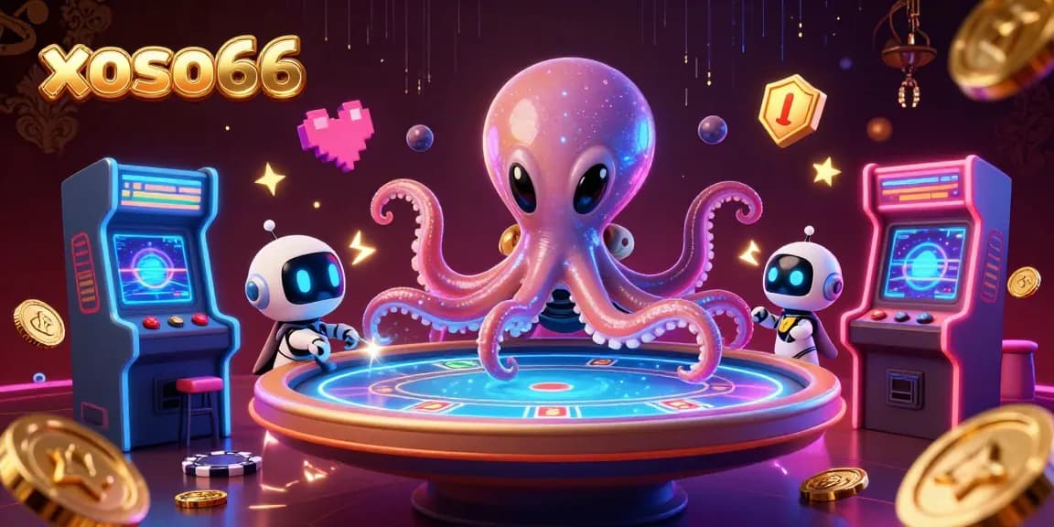 xoso66 showcases a vibrant alien octopus dealing poker amidst a dynamic casino atmosphere.