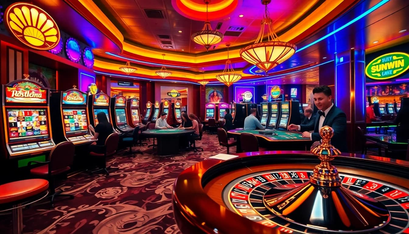 Players enjoying a thrilling game at the sunwin casino floor with vibrant slot machines.