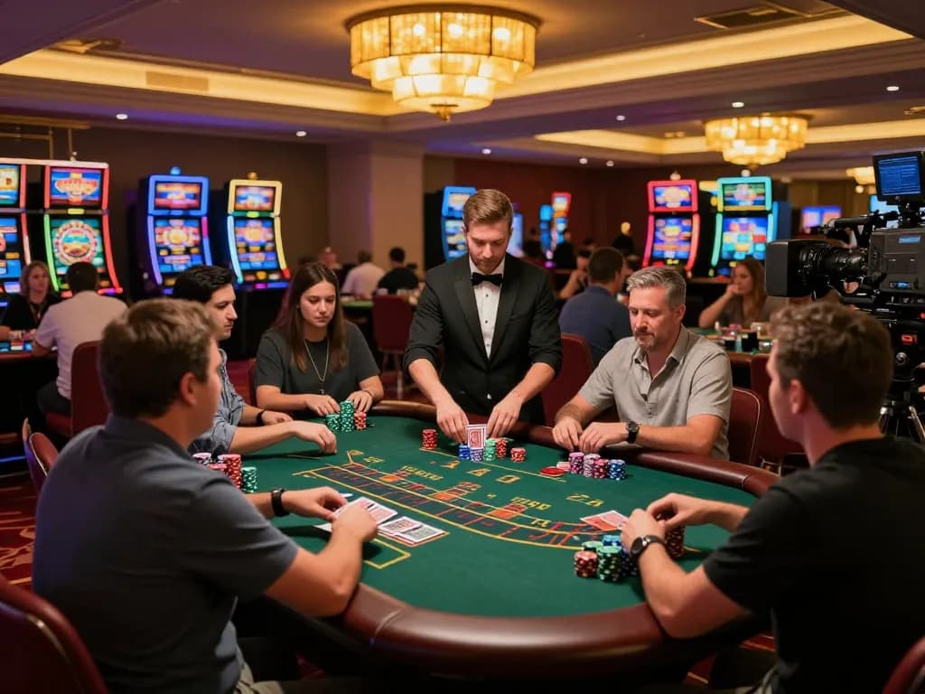 A dynamic scene of HITCLUB players at a blackjack table, showcasing strategic gameplay and casino excitement.