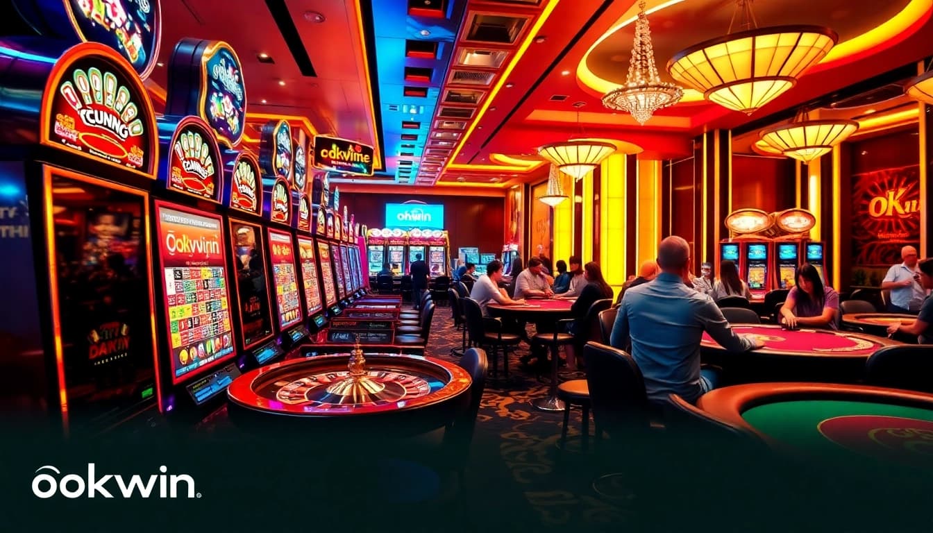 Experience the vibrant gaming atmosphere at okwin with lively slot machines and thrilling roulette tables.