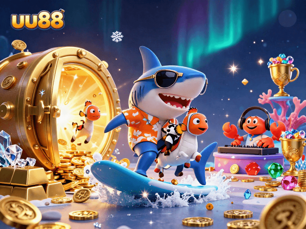 uu88 showcases vibrant 3D illustration with shark, seahorse, and crab in a dynamic casino scene.