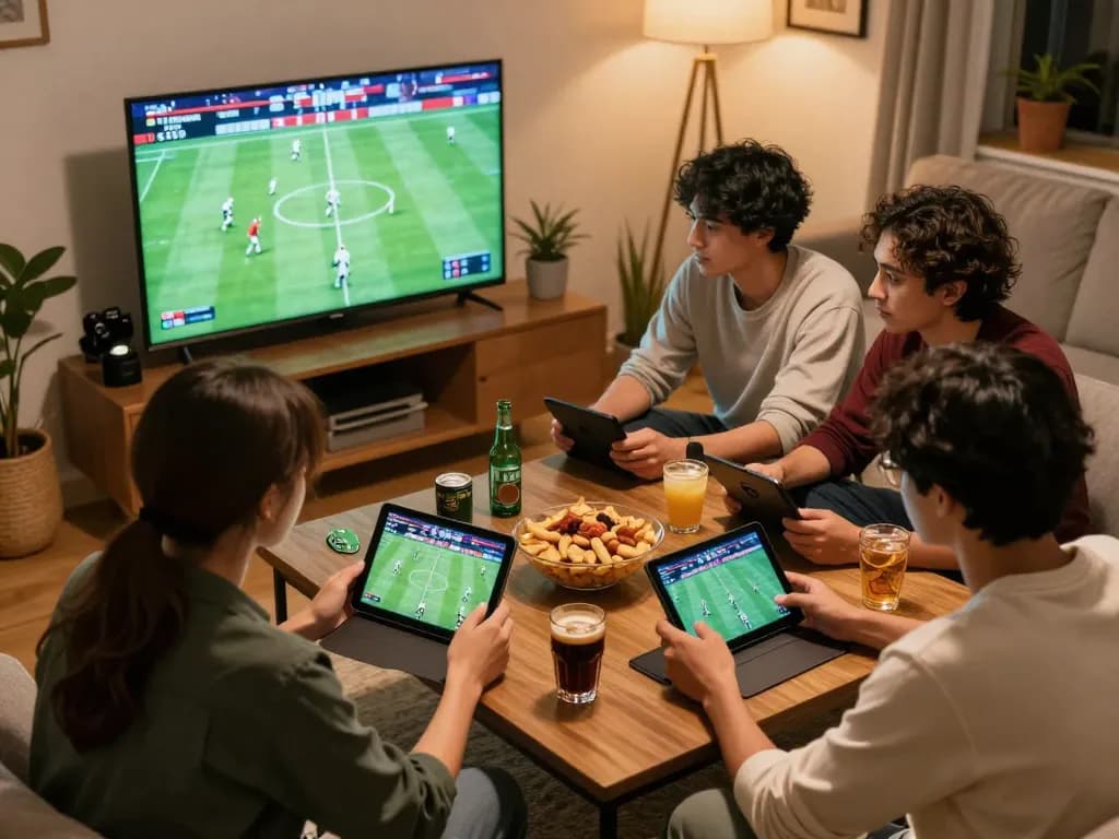 Friends excitedly engage in online sports betting with f168 in a cozy home atmosphere.