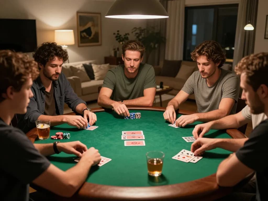 Friends enjoying a strategic poker game with 32win chips and cards in a cozy home environment.