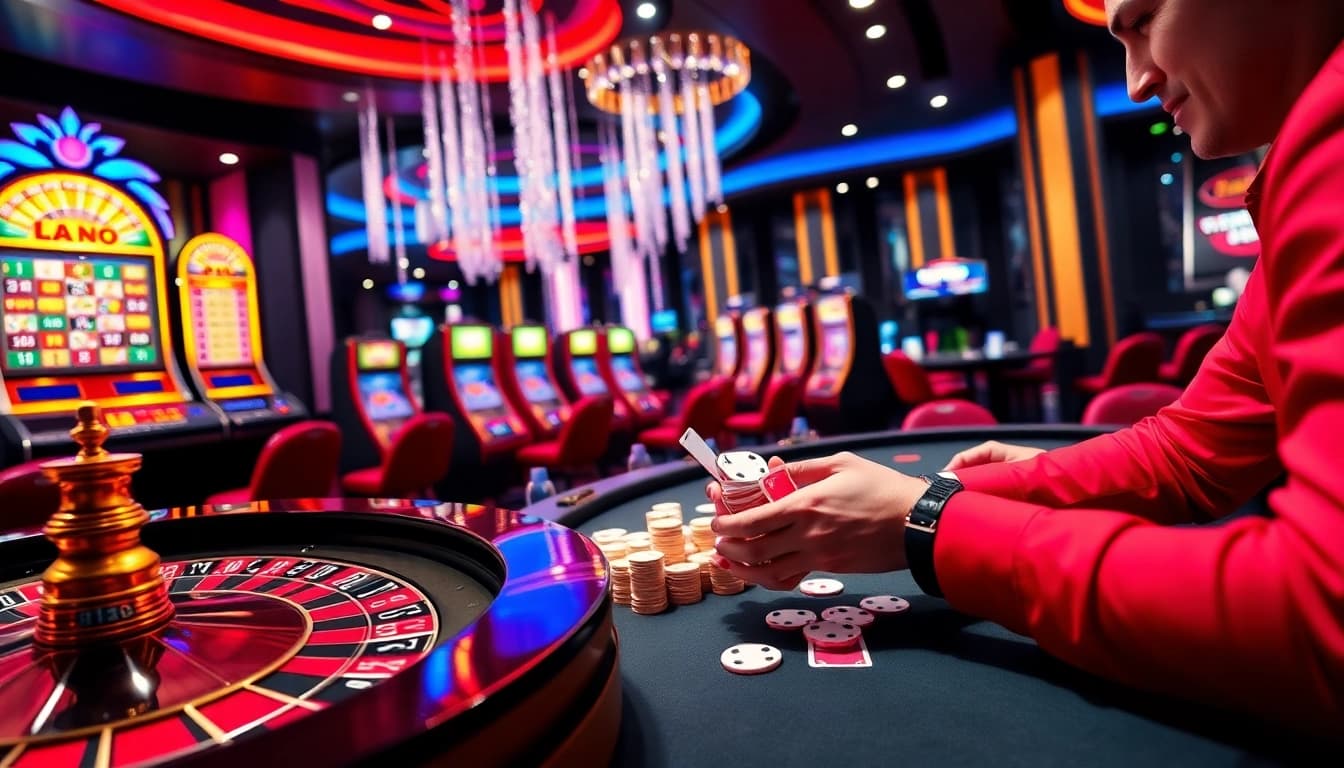 Experience thrilling gameplay at UU88 with vibrant casino scenes featuring roulette wheels and slot machines.
