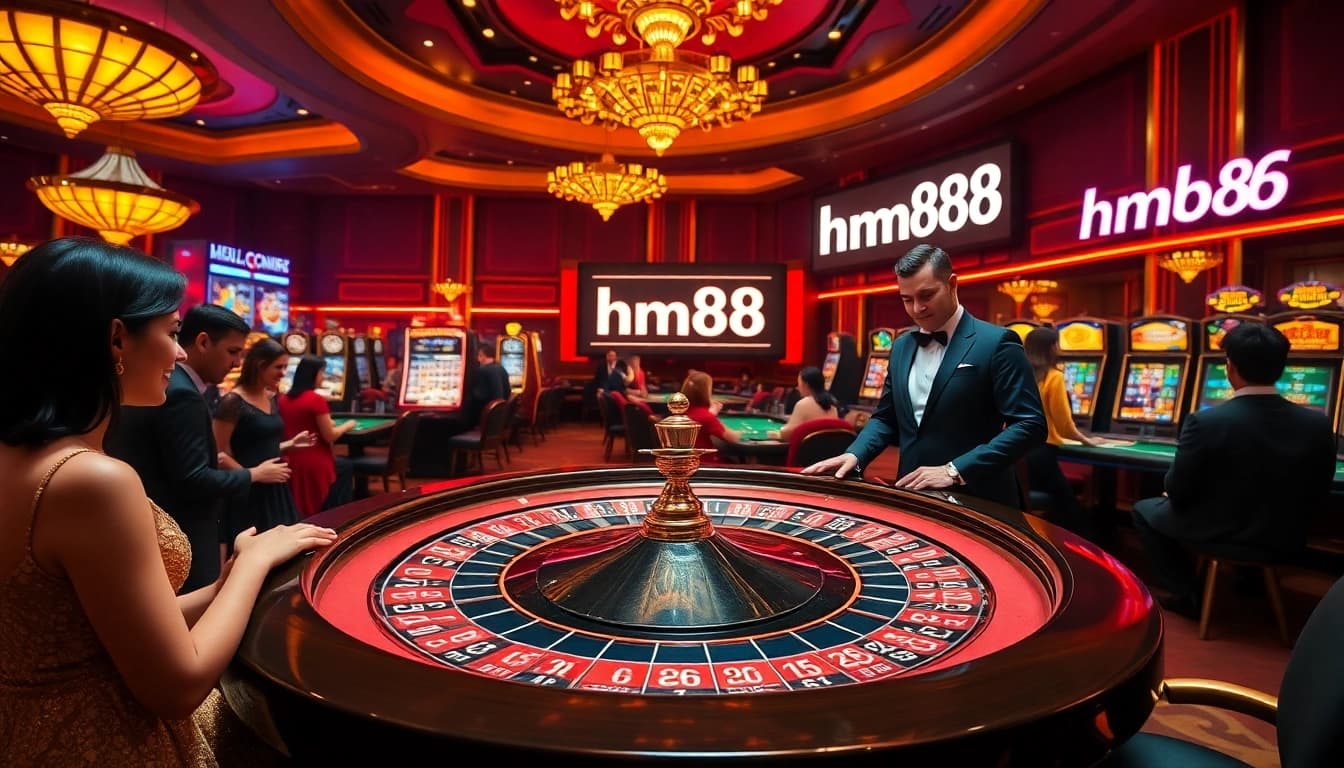 Experience the excitement of hm88 at a luxurious casino with roulette, poker chips, and vibrant games.