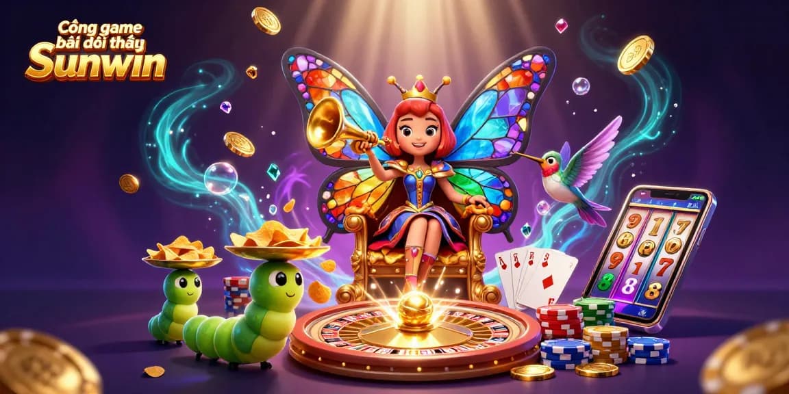 Cổng game bài đổi thưởng Sunwin features a 3D butterfly queen and vibrant casino elements, inviting players to enjoy a rich gaming experience.
