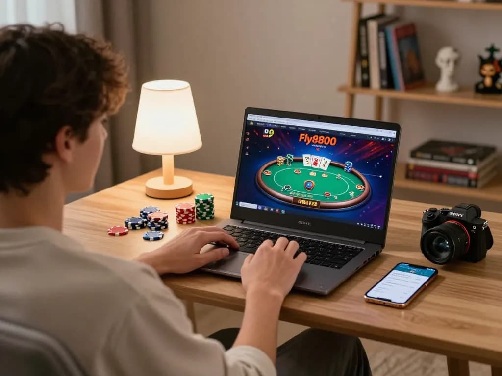 Engaged player using fly8800 online casino platform on laptop with poker game interface.