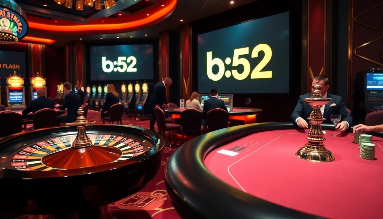 Players enjoying a thrilling game at a casino featuring the keyword b52 setup among poker chips and slots.