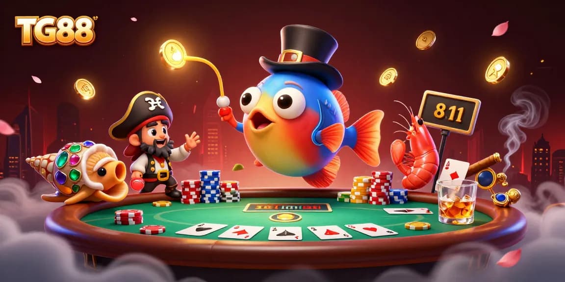 Experience the thrill of TG88 with its animated anglerfish and pirate shrimp attracting golden coins in a vibrant casino scene.