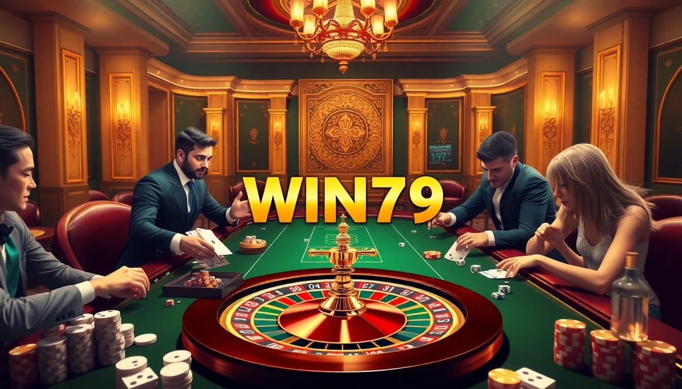 Experience the excitement of Win79 with players showcasing intense gameplay at a casino table.