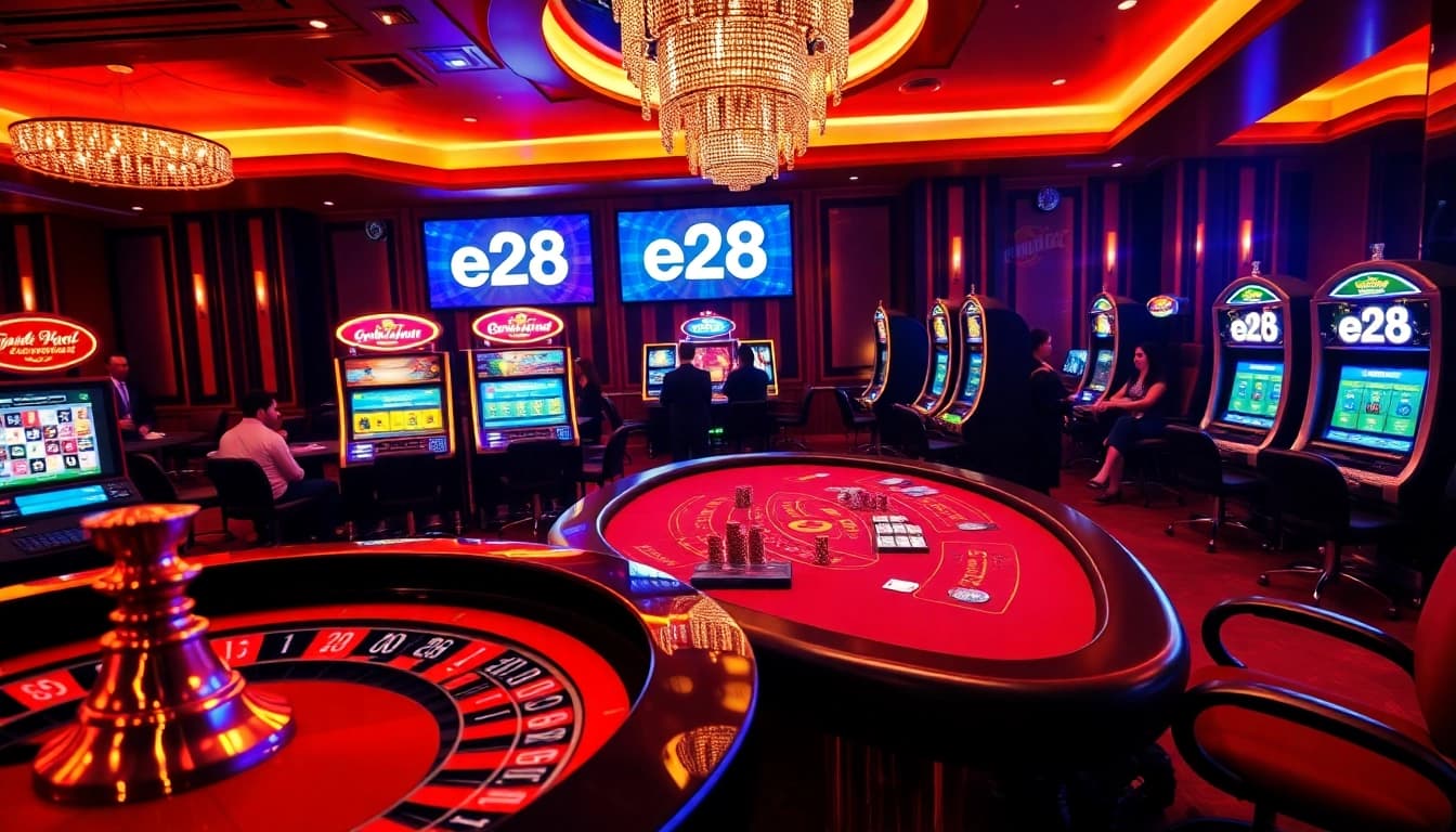 e28 online casino featuring luxurious tables, vibrant slot machines, and engaged players enjoying big wins.