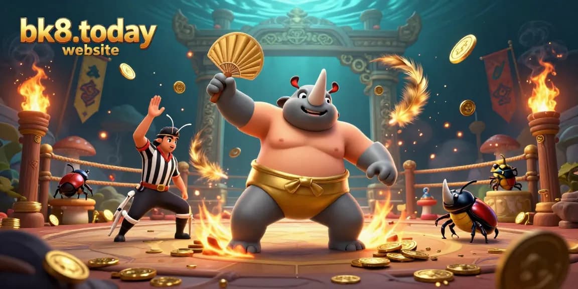 A stunning 3D illustration showcasing a rhinoceros beetle champion stomping gold coins in a vibrant arena for bk8.today website.