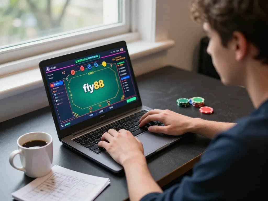 Person engaged in strategic gaming on fly88's online poker platform with vivid lighting.