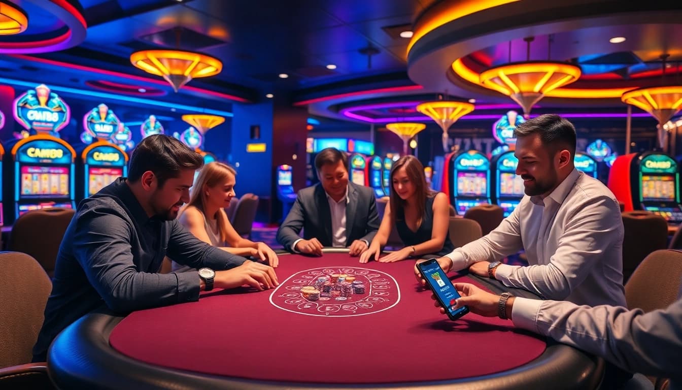 Engage with the exciting CM88 poker table experience in a luxurious casino setting filled with slot machines.