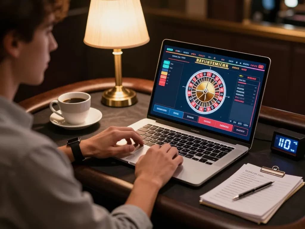 8xbet player enjoying live dealer casino game on laptop with betting strategies.
