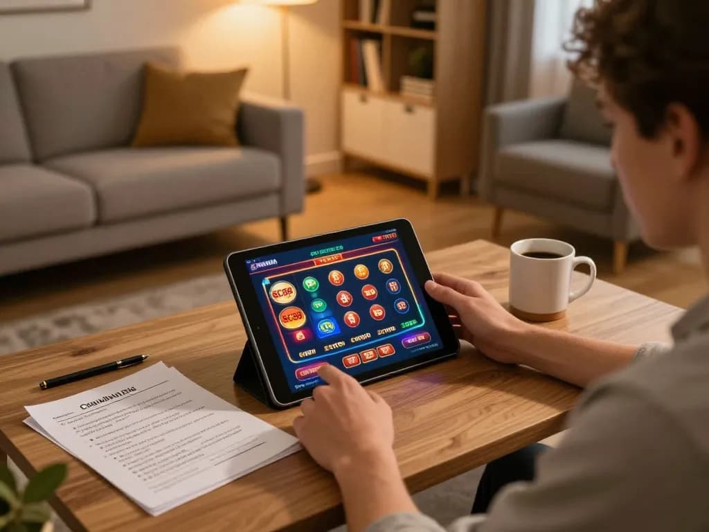 Player using SC88e app on tablet for online gambling with notes on strategies in cozy home setting