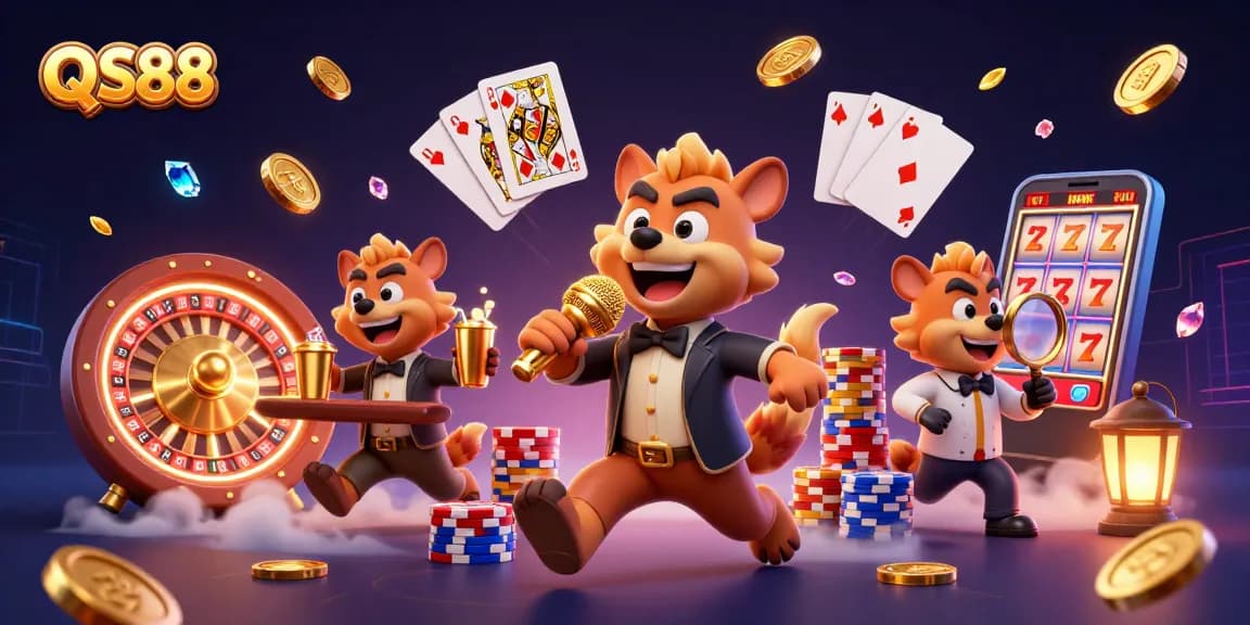 Experience the excitement of QS88 with hyenas running a comedy casino, surrounded by dazzling coins and games.