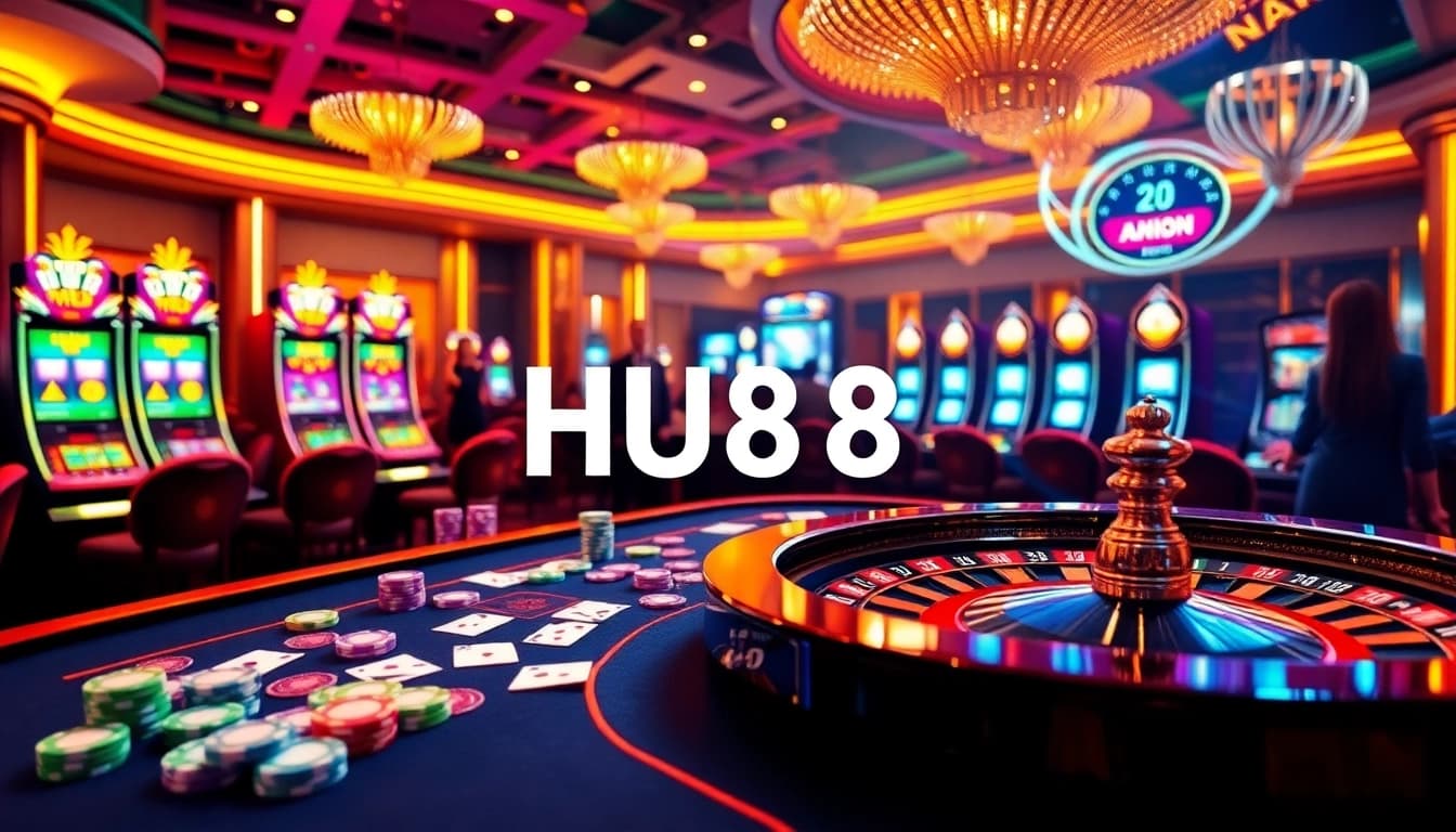 Players engage in thrilling casino action with HU88 chips at a vibrant poker table.