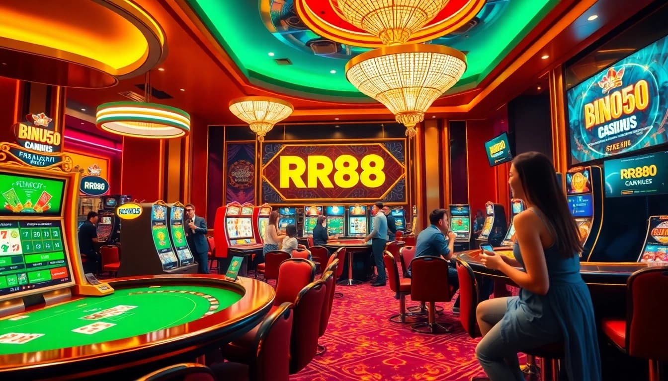 Excited gamblers enjoying the thrilling experience at RR88 casino with vibrant gaming elements.