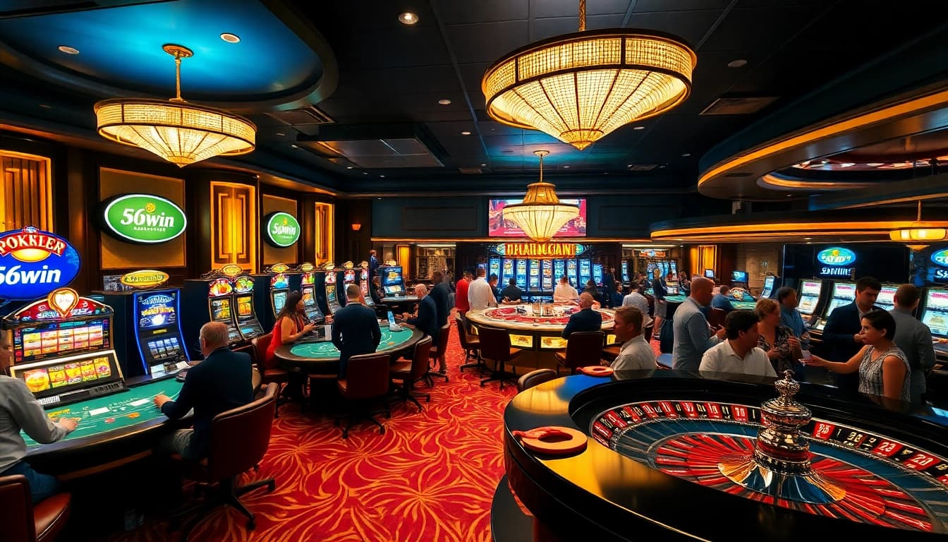Experience the thrilling atmosphere of 56win with excited casino players and vibrant slot machines.