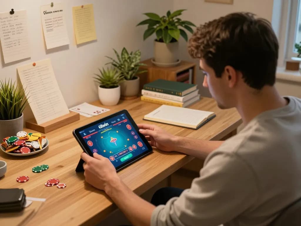 Gambler engaging in online poker game with 68win app in cozy home office
