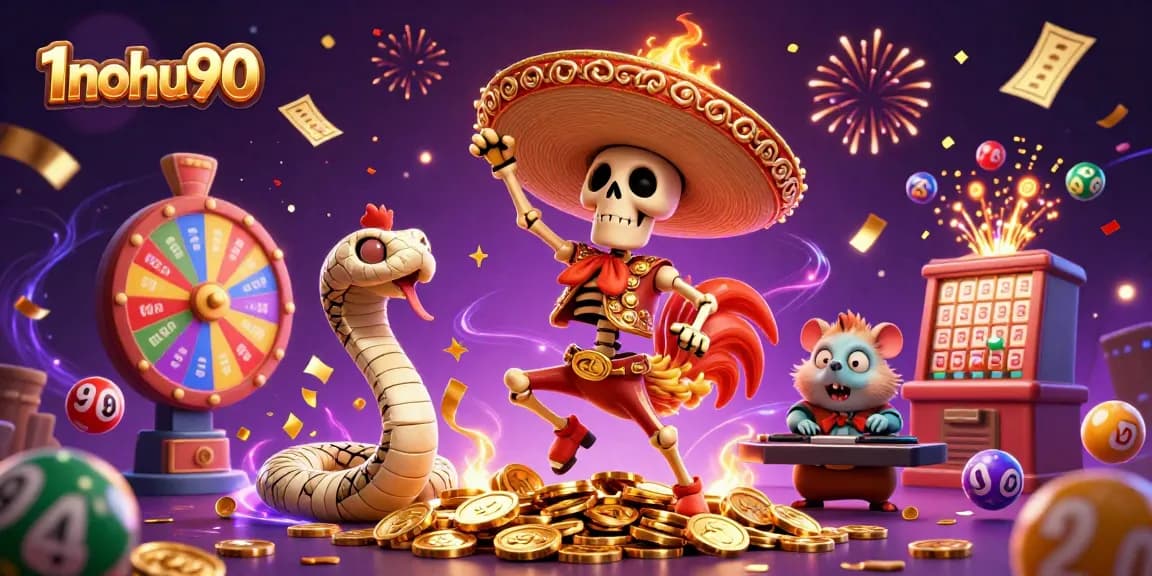 Experience exciting gameplay at 1nohu90 with vibrant characters interacting amidst festive gambling elements.