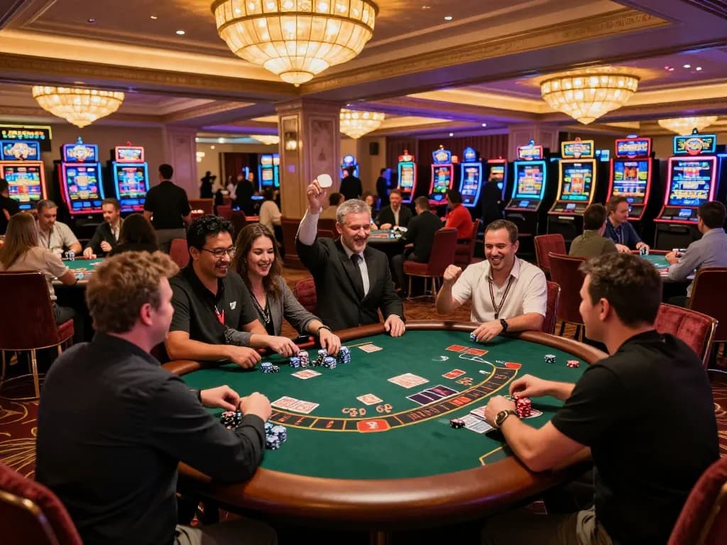 Players enjoying strategic blackjack gameplay at an upscale casino with a lively atmosphere, focusing on mb66.
