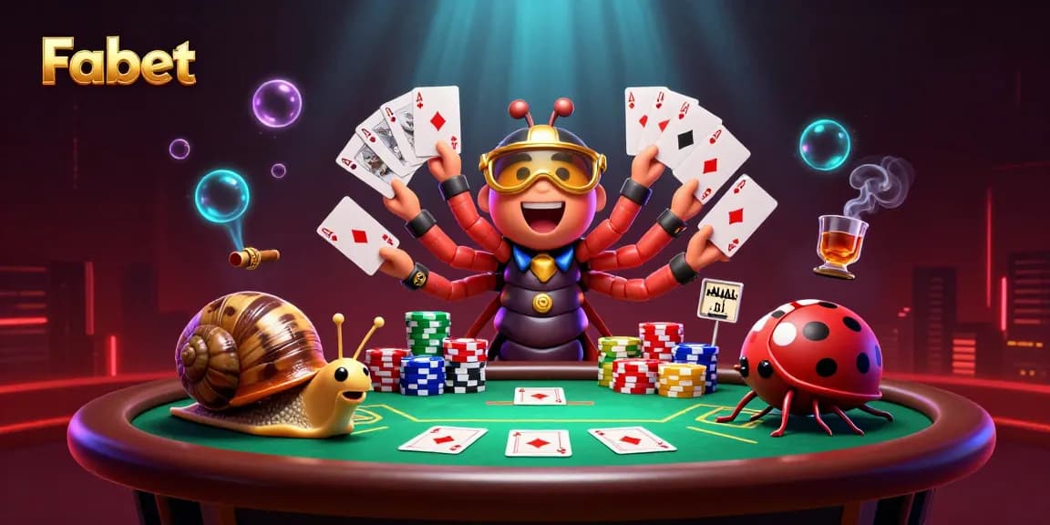Fabet showcases a lively casino scene with a millipede dealer and high-roller snails at play.