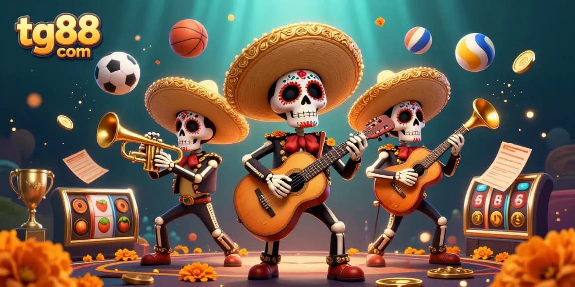 Engage in thrilling casino action at tg88 com with vibrant 3D mariachi skeletons and exciting gaming elements.