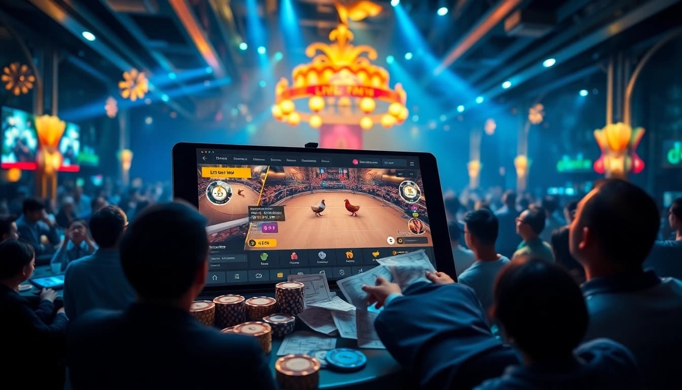 xem đá gà thomo live betting action on digital devices with an energetic crowd background