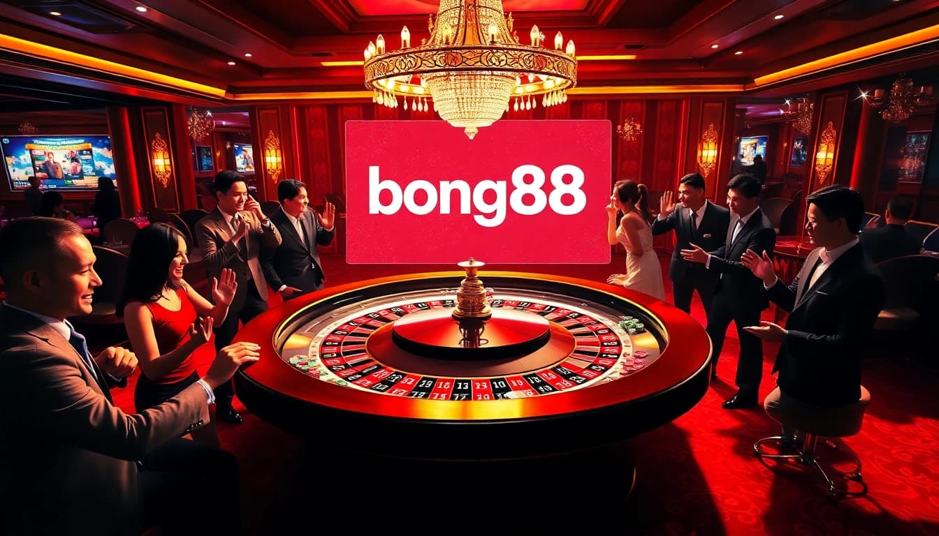 Gamblers engaging excitedly at a bong88 roulette table, showcasing thrilling casino atmosphere.