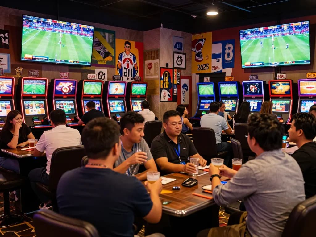 Patrons engaging in sports betting at Bongdalu lounge, screens showcasing live game odds and action.