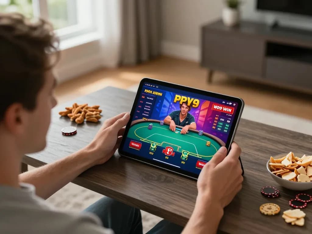 Experience the thrill of pp9 win as players engage with the casino app in a cozy home setting
