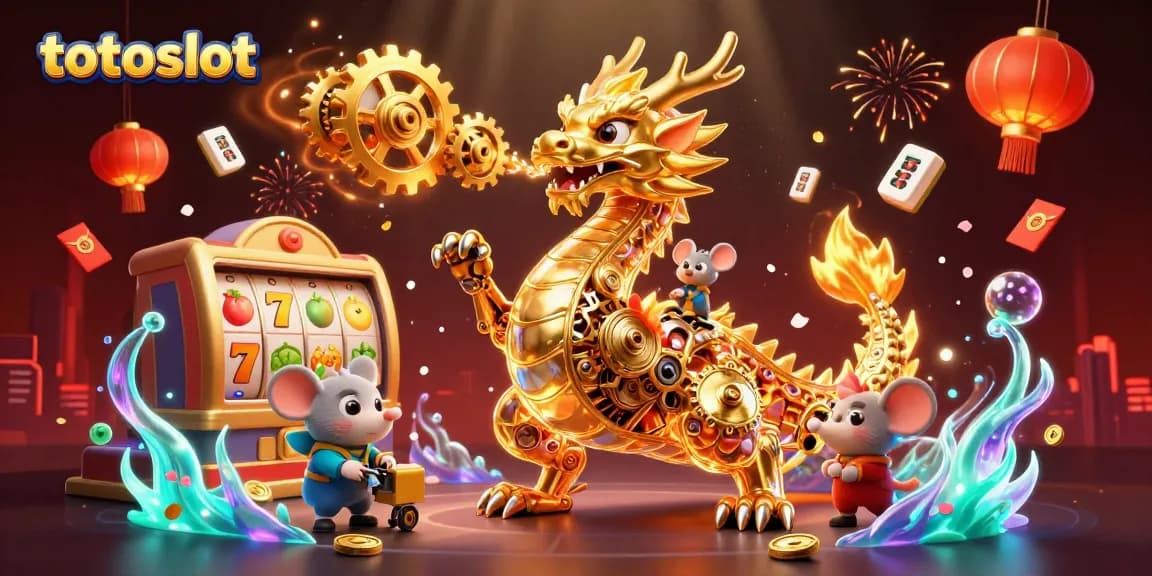Totoslot showcases a golden dragon amid vibrant slot elements, igniting excitement.