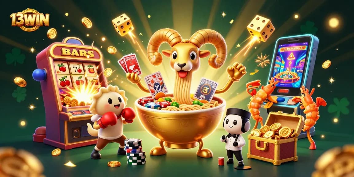 Experience thrilling wins at 13WIN, featuring a vibrant 3D casino scene with colorful characters and games.