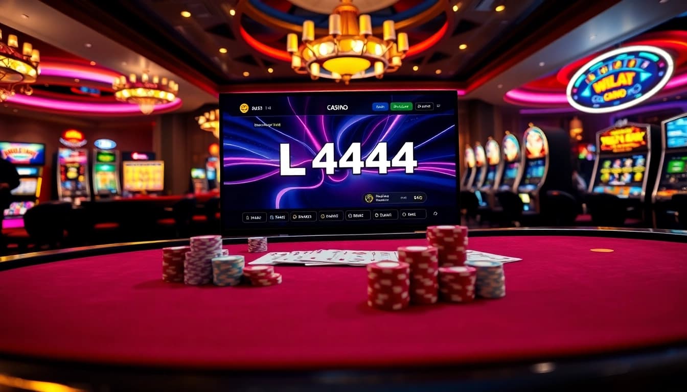 L444 online betting interface with casino elements including poker chips and a roulette wheel.