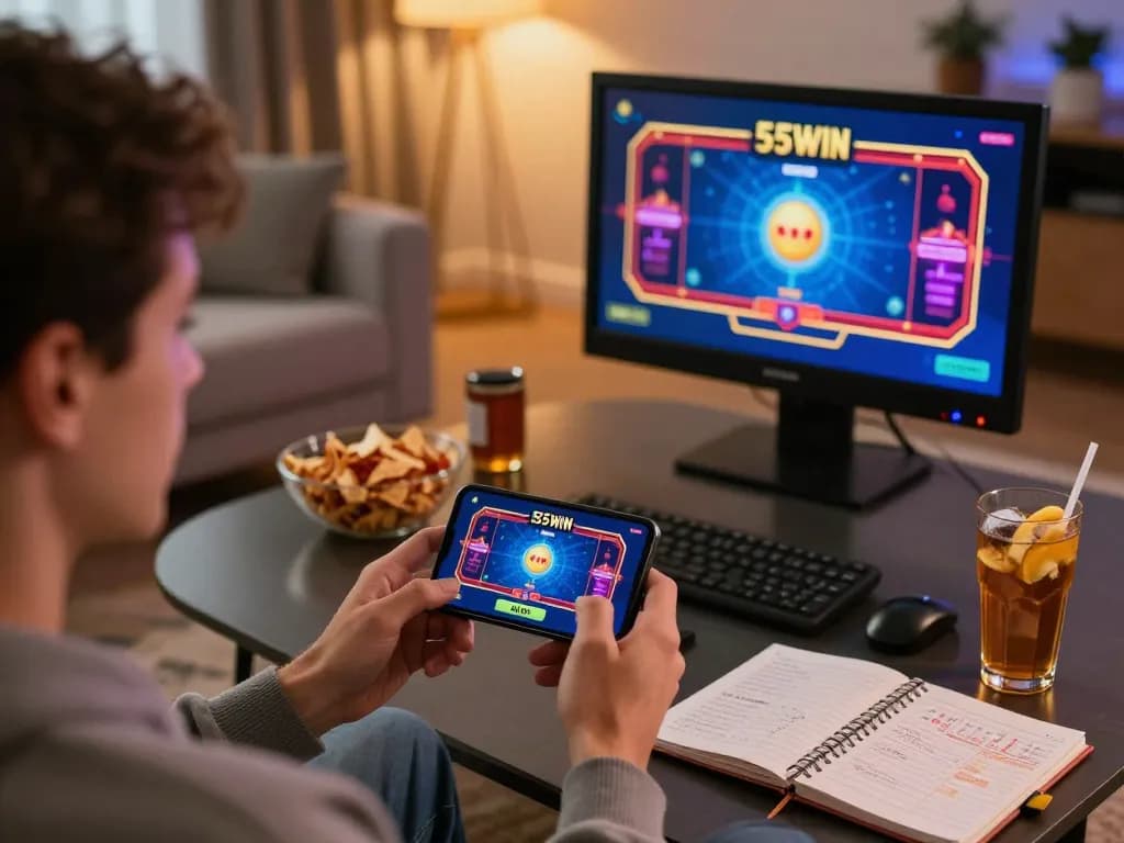 Player enjoying the 555WIN app during a cozy home gaming session with vibrant gameplay on their smartphone