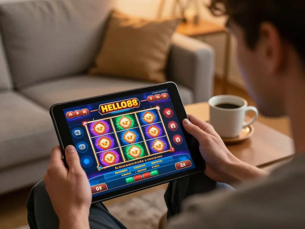 Engaging player exploring HELLO88's online casino gaming on tablet in a cozy home setting