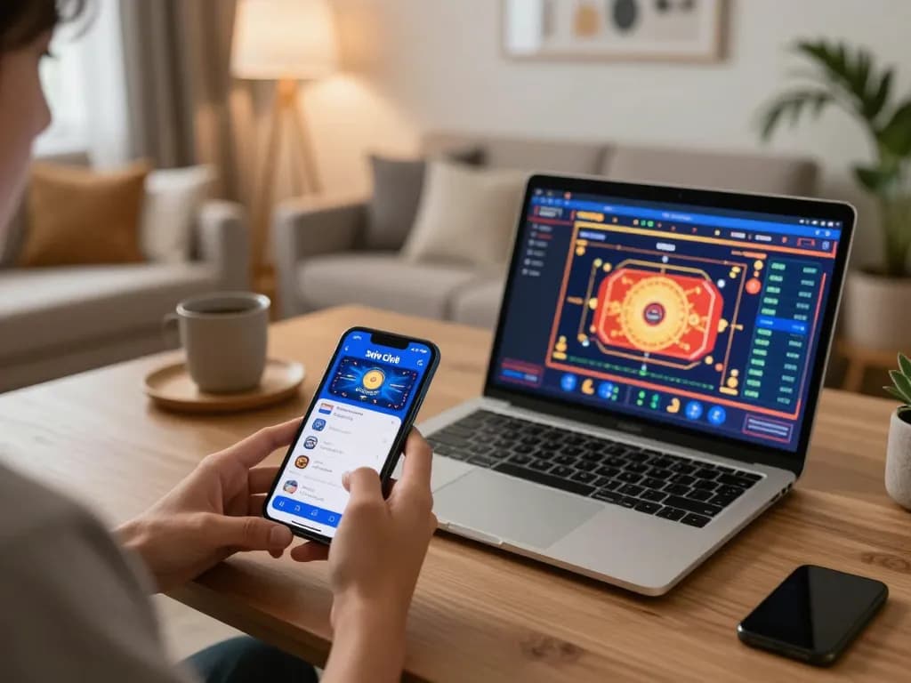 Playing the iwin club app on a smartphone while relaxing at home, showcasing online gambling activities.