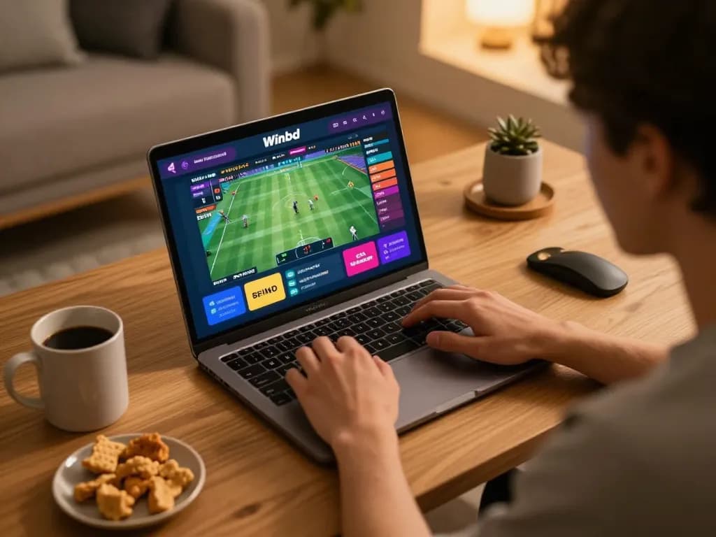 Engaging moment of sports betting on the Winbd platform from a cozy home setup.