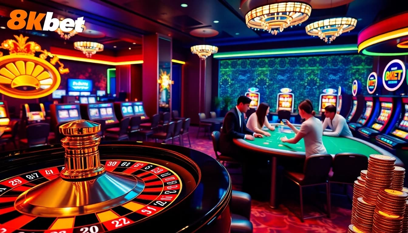 Experience the thrill of 8kbet with vibrant casino visuals featuring roulette wheels, poker chips, and excited players.