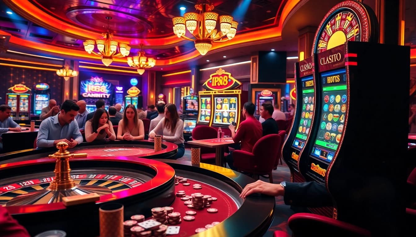Action-packed casino scene showcasing lively poker and roulette, emphasizing the ip88 gaming experience.