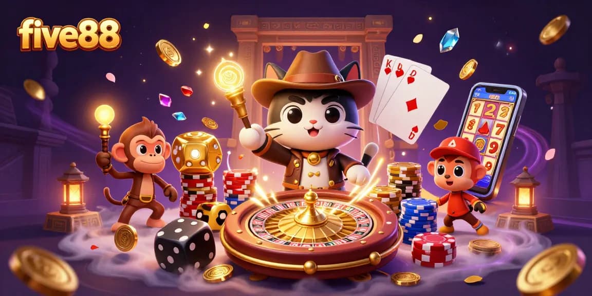 Catch five88's thrilling gaming moments in a vibrant 3D casino illustration of an archaeologist cat.