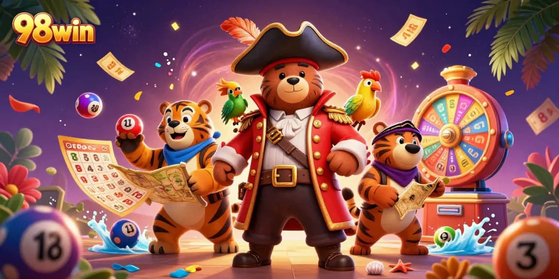 Engage in thrilling gambling adventures with 98win featuring a pirate bear and treasure-themed elements.