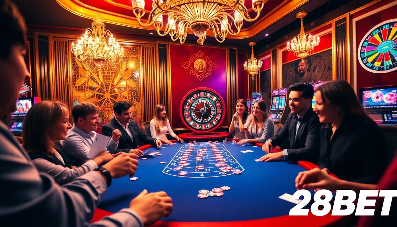 Experience a thrilling poker game at 28BET with vibrant tables and eager players.