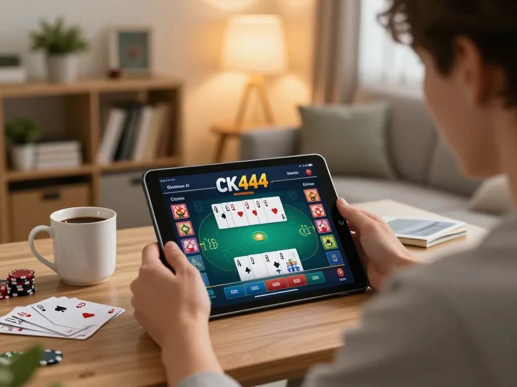 Player enjoying CK444 mobile casino app in a cozy living room, focusing on poker gameplay strategy.
